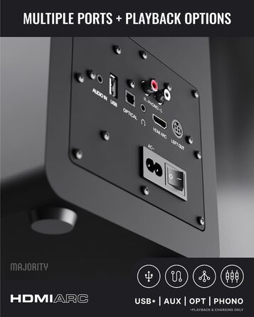 Активні Bluetooth-колонки Majority D100X 100W, вуглецеві драйвери, HDMI ARC, RCA, Optical, Phono, AUX, чорні