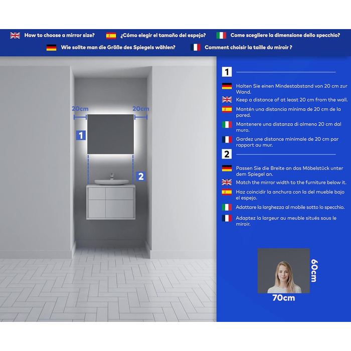 Дзеркало для ванної кімнати Artforma з підсвічуванням, 120x70 см, без рами, індивідуальне замовлення, сучасний дизайн