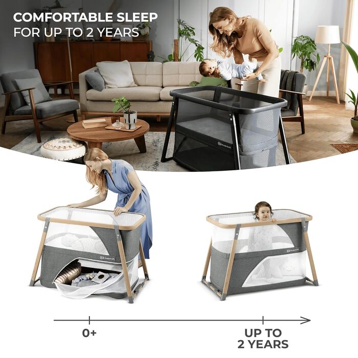 Дитяче ліжко-манеж Kinderkraft SOFI 4 в 1 - сірий, манеж для малюків, туристичне ліжко, ліжко з бічними бортиками, функція бігуна, сучасний дизайн, компактний у складеному стані