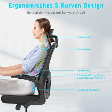 Офісний стіл Ergonomischer Bürostuhl з дихаючою сіткою, регульовані підлокітники, підголівник, поперекова підтримка, регулювання висоти, поворотний стілець на 360°, темно-чорний