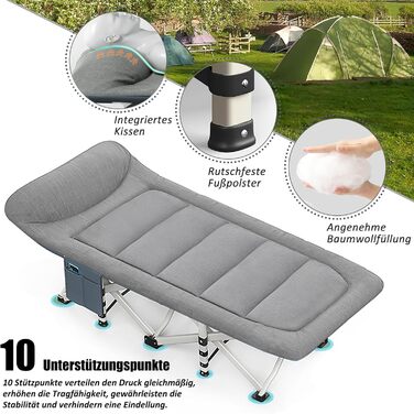 Розкладне кемпінгове ліжко CALIYO з матрацом, 200x80x40 см, витримує до 200 кг, сталевий каркас, тканина Оксфорд, сіре (з сумкою для зберігання)