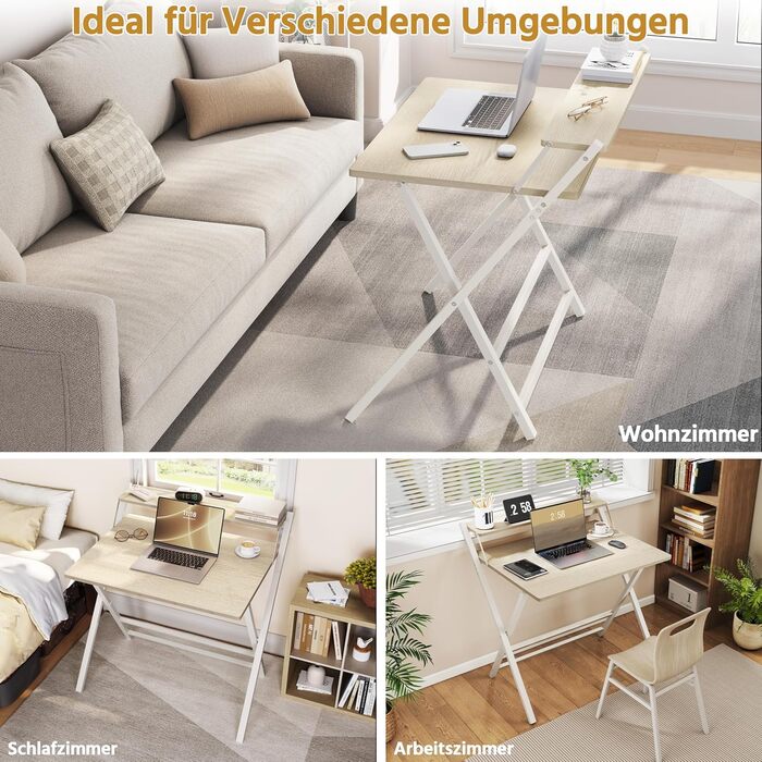 Зкладний стіл Yaheetech 80 см для комп'ютера з полицею, двоярусний робочий стіл з підставкою для монітора, стіл для ноутбука для дому/маленьких кімнат/вітальні, білий/80 см x 50 см, білий (світле дерево)