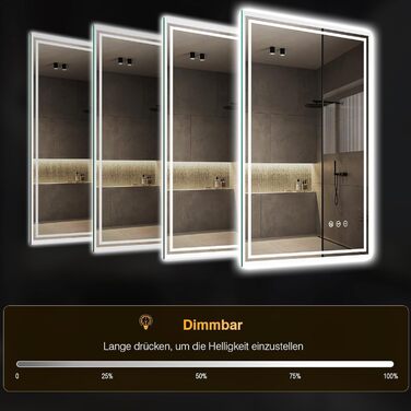 LED дзеркало для ванної кімнати з підсвічуванням 50x70 см, 3 кольори світла, регулювання яскравості, проти запотівання, сенсорне/кнопкове керування