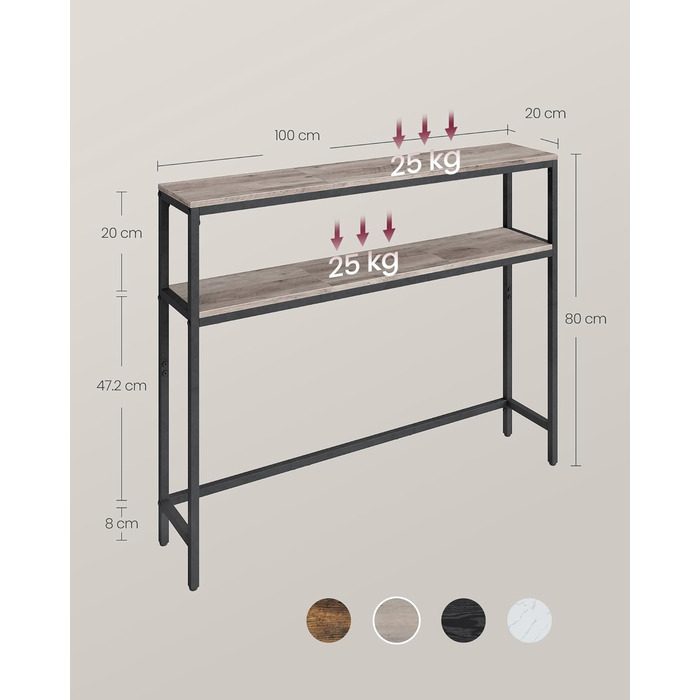 Консоль VASAGLE - вузький столик для вітальні/коридору з 2 полицями, 20 x 100 x 80 см, сіро-чорний, LNT131B22
