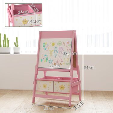 Дитяча мольберт AIYAPLAY 3 в 1, рожевий: двосторонній, з рулоном паперу та 2 кошиками для зберігання, для дітей 3-8 років