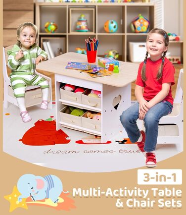 Дитячий стіл зі стільцями, ігровий стіл для дітей з місцем для зберігання, набір меблів для дитячої кімнати (натуральний колір)