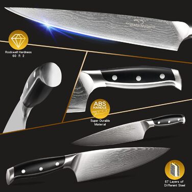 Набір кухонних ножів NANFANG BROTHERS 9 предметів з дамаської сталі, з дерев'яним блоком, нержавіюча сталь, сірий