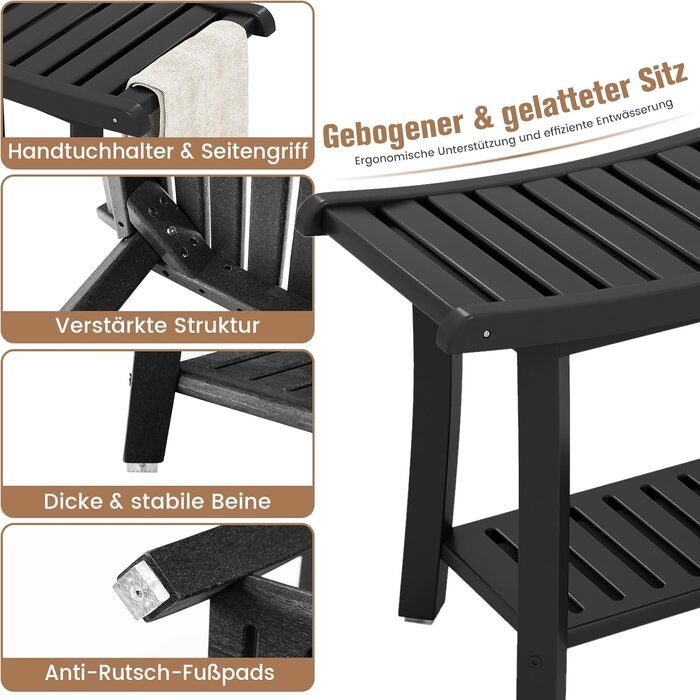 Двомісний стілець для душу Costway з полицею, 170 кг, 60,5 x 34 x 48 см (Чорний)