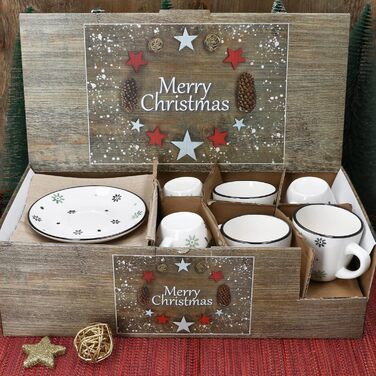 Кавовий сервіз MamboCat на 6 осіб з різдвяним декором (18 предметів) | Керамічний сервіз з прикрасами ялинки та сніжинок