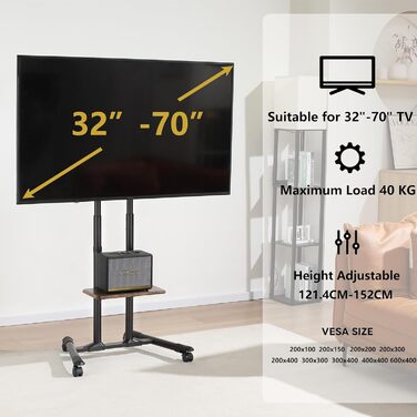 Підставка для телевізора ETHU з колесами, мобільна, для телевізорів 32-85 дюймів (LCD/LED/Plasma), до 60 кг, регульована по висоті, з підставкою для ноутбука, VESA 600x400 мм, горіх