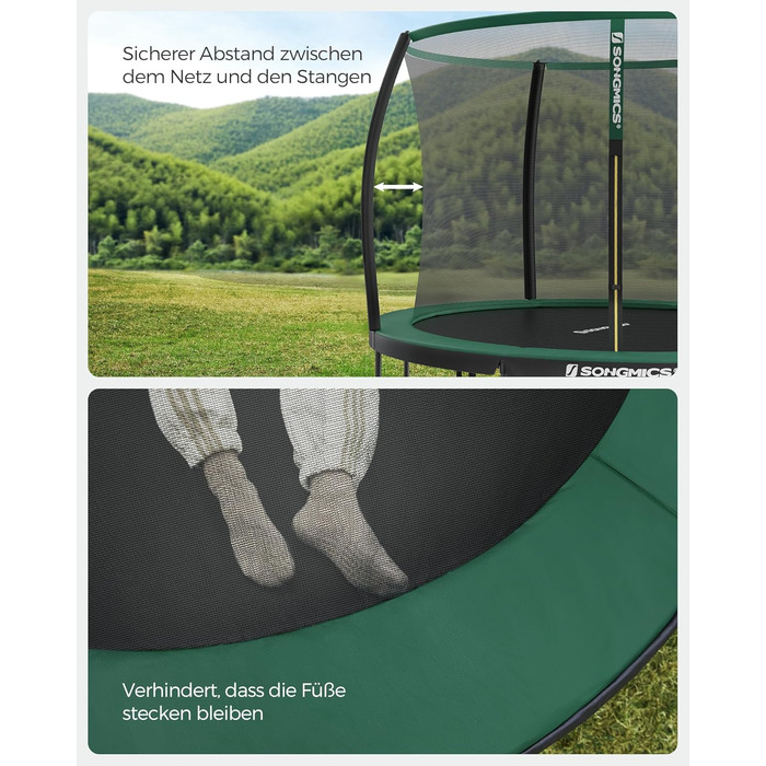 Батут SONGMICS садовий Ø366 см з захисною сіткою, драбиною та м'якими стійками, чорно-зелений