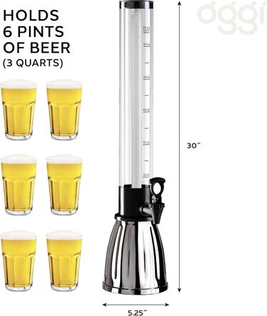 Набір для розливу пива OGGI Bierturm 3L з краником та охолоджувачем для льоду - диспенсер для напоїв, барний аксесуар для вечірок, з нержавіючої сталі, чорний