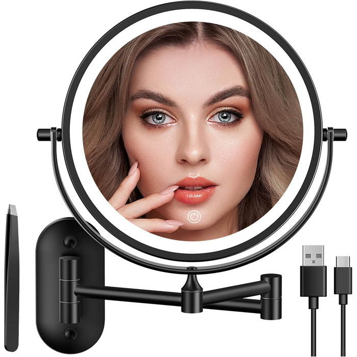 Дзеркало для макіяжу Auxmir з підсвічуванням, 1X/ Акумуляторний, 3200mAh, для гоління, настінний, з регулюванням яскравості, збільшення 30X, 3 кольори світла, поворот на 360°, для ванної кімнати (Чорний)