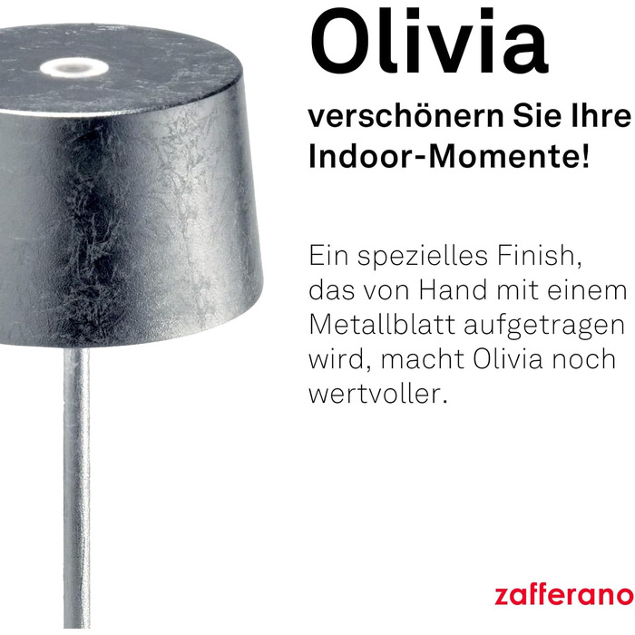 Zafferano Olivia Pro - портативна LED-лампа з торшером, сенсорне керування, регулювання яскравості, 2700-3000K, для дому та саду (сріблясте листя)