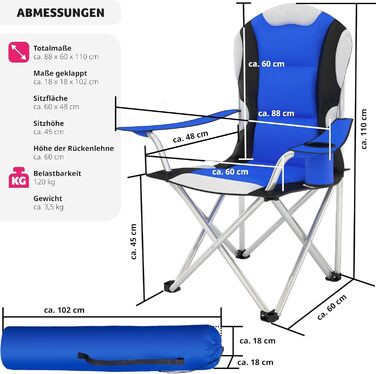 Кемпінгове крісло tectake з підсклянником, розкладне крісло для риболовлі, садове крісло з підлокітниками, м'яке розкладне крісло, складне кемпінгове крісло з сумкою для перенесення, для кемпінгу Пляжний сад Тераса Балкон - синій