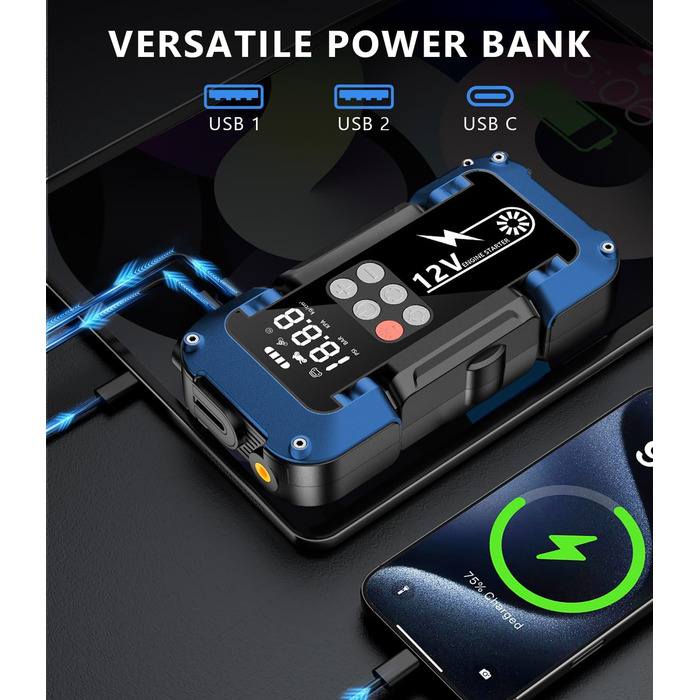 Портативний пусковий пристрій Starthilfe Powerbank з компресором 150PSI, 4000A, 12V для автомобілів та 8.0L дизель, 26800mAh, 4-в-1 з LED-ліхтариком та LCD дисплеєм