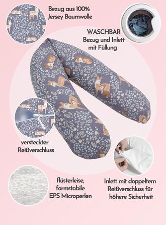 Подушка для вагітних Bear Classic 190 см, бавовняна подушка для сну та підтримки тіла, гіпоалергенна, принт Олень (100% джерсі бавовна)