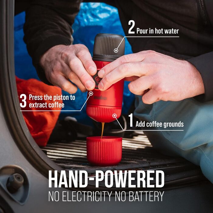 WACACO Nanopresso - портативна кавомашина для еспресо, 18 Bar, ручне керування, для подорожей, червона