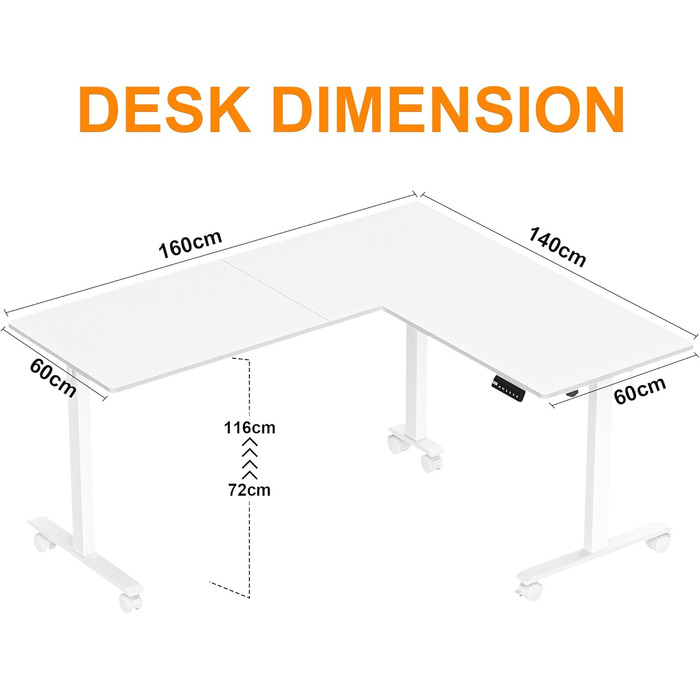Електричний кутовий стіл BEXEVUE 160x140 см з регулюванням висоти, 3 пам'яті, антиколізійна система, для дому та офісу