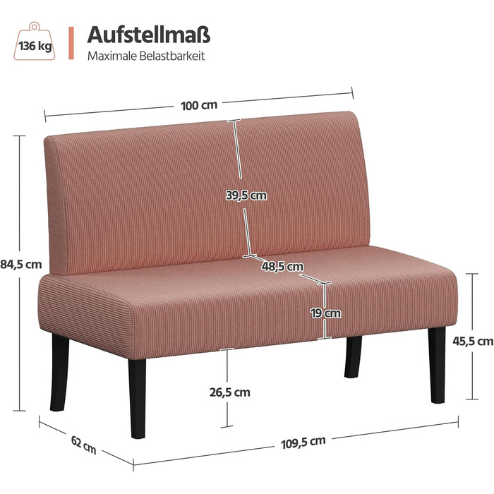 Диван-лавка Yaheetech для кухні/вітальні, 2 місця, без підлокітників, зелений/рожевий, м'який, оббивка з корду