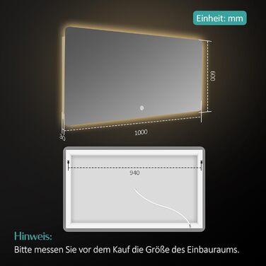 LED дзеркало для ванної кімнати EMKE 100x60 см з підсвічуванням та сенсорним вимикачем, 3 кольори світла, регулювання яскравості, таймер автоматичного вимкнення