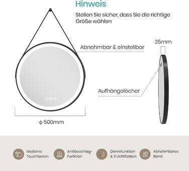 Дзеркало для ванної кімнати EMKE з підсвічуванням, 50 см, кругле, чорний каркас. Дзеркало з регульованою яскравістю, 3 кольори світла, проти запотівання, сенсорне управління та функція пам'яті. Ідеально для ванної кімнати.