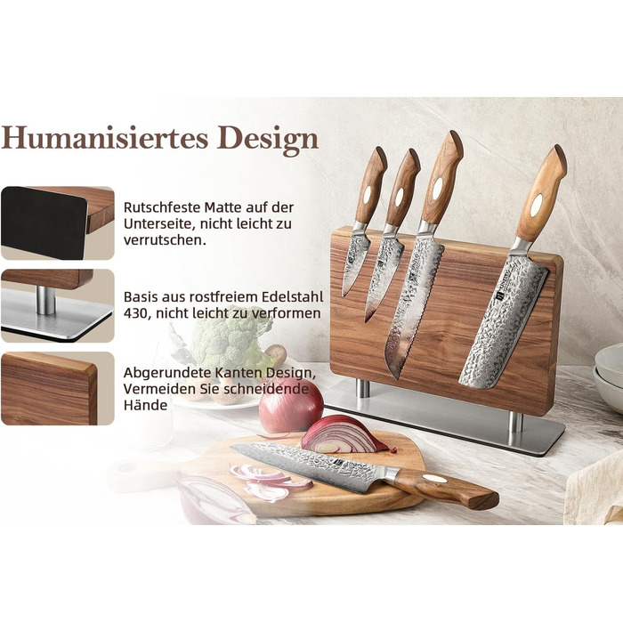 Блок для ножів XINZUO з волоського горіха, магнітний, двосторонній - тримач для ножів без ножів, для кухні, легко миється, з подарунковою коробкою