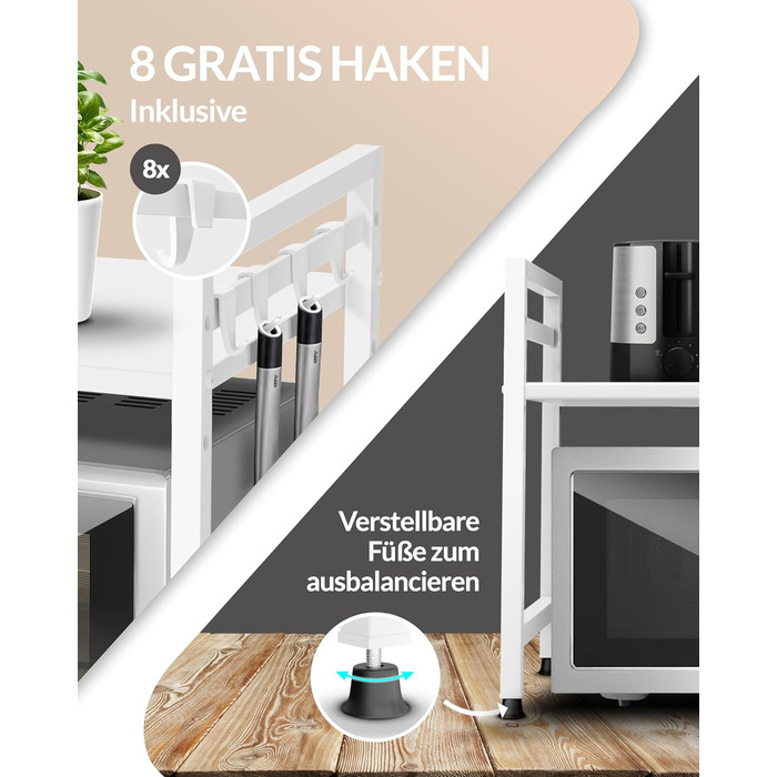 Стійка для мікрохвильової печі та кухонні полиці з нержавіючої сталі, 2-ярусна | Стійка для мікрохвильовки, полиця для зберігання, полиця для пекаря, регульована висота та довжина | З інструкцією у відеоформаті та гачками (Білий)