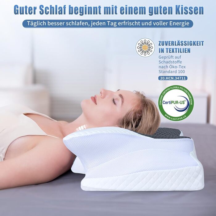Подушка для шиї Saheyer з Memory Foam, ергономічна ортопедична подушка для сну на боці, покращує якість сну, 70 x 40 x 15/12 см, з чохлом білого та вугільно-сірого кольорів