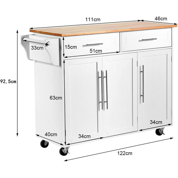 Кухонний візок COSTWAY на колесах, сервірувальний візок з ящиками, кухонний візок зі стільницею (білий)