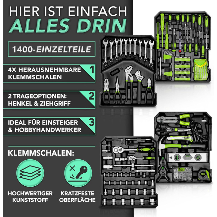 Набір інструментів TRESKO 1400 предметів у кейсі: професійний валіза з інструментами з Cr-V сталі (зелений)