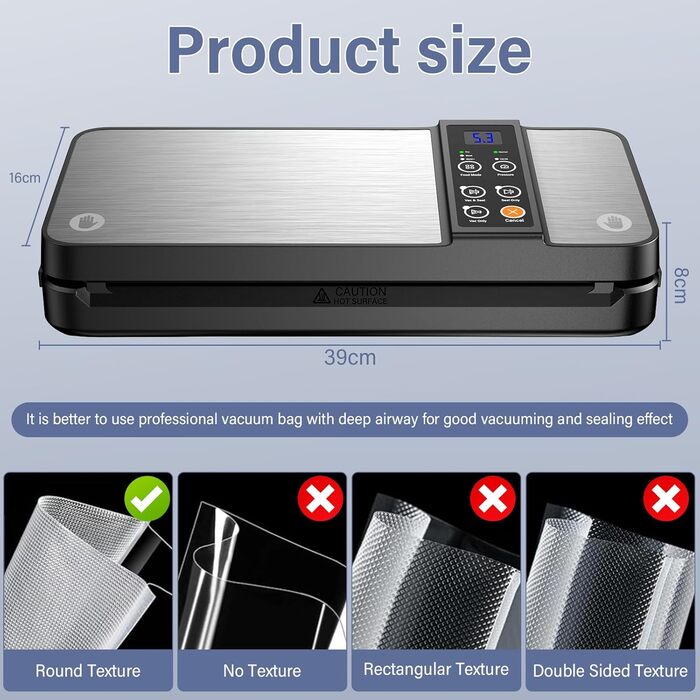 Вакууматор 8-в-1 для сухої та вологої їжі, вакуумний пакувальник 80 кПа з вбудованим різаком, відсіком для пакетів та цифровим таймером (Чорний)