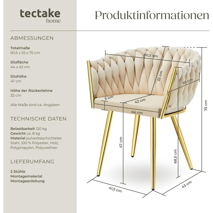 Тектейк® Оксамитовий стілець-чаша з підлокітниками, сучасний крісло для вітальні, їдальні, як кухонні стільці, для туалетного столика, комплект (2 шт), пісок/золото