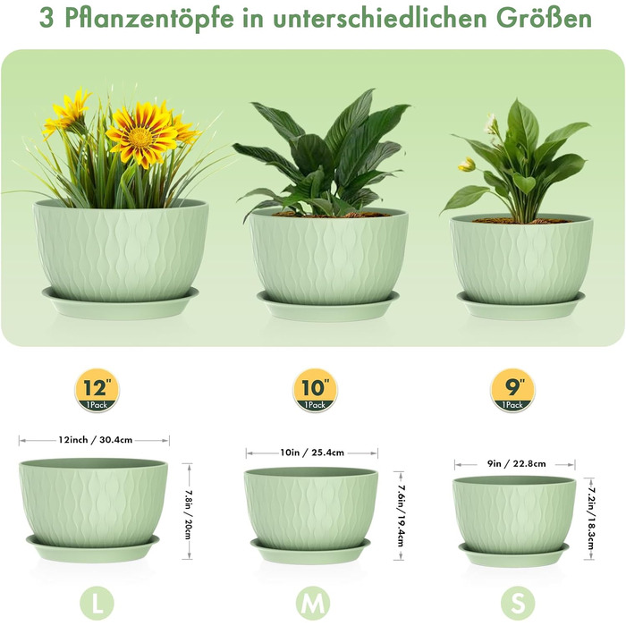 Набір горщиків для квітів з автополивом, 3 шт. (30/25/22 см, світло-зелений)