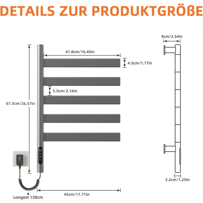 Електричний сушильник для рушників ZOYI 180° поворотний, 140W, сірий (настінний)