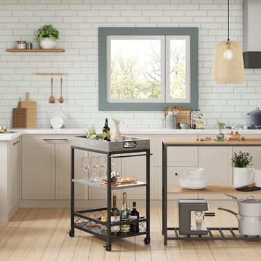 Сервізний візок HAUSPROFI з 3 рівнями, на колесах, для кухні та бару, сірий, з полицями для вина, сталевий каркас, індустріальний дизайн