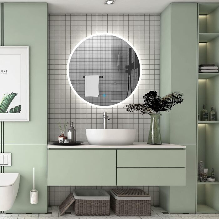 Круглий LED дзеркало для ванної кімнати 70 см з підсвічуванням, сенсорне керування, протизапітніння, Alpha Series, 70x70 см, холодне біле світло