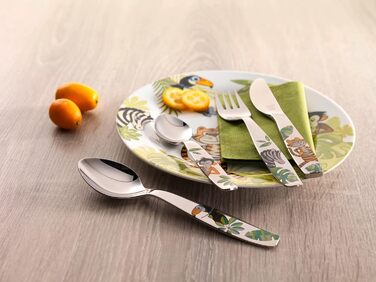 Набір дитячого посуду ZWILLING Jungle Kinderbesteck, 4 шт., з кольоровими джунглівськими мотивами, для дітей від 3 років, нержавіюча сталь 18/10