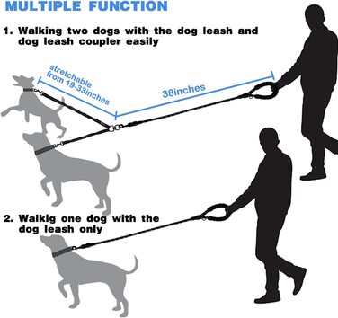 Зручний подвійний повідець tobeDRI для собак, що не сплутується, з амортизуючим банджі, світловідбиваючий, 2 повідця для собак великих, середніх і маленьких собак середніх/великих собак (25-120 фунтів) чорного кольору