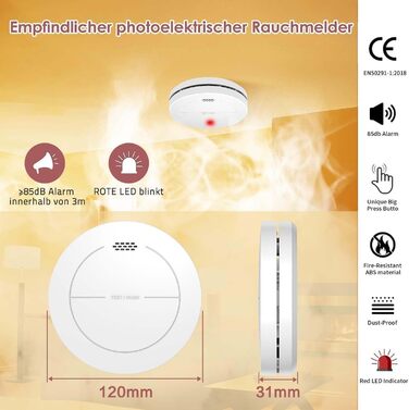 Набір датчиків диму Rauchmelder 6 шт. без LED, з батареєю на 10 років, клейкими панелями, функцією вимкнення звуку, 85 дБ, автономний, для дому