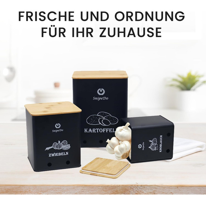 Набір коробок для зберігання картоплі, цибулі та часнику – 3 шт. Металеві овочеві контейнери з картопляницею та очищувачем – чорний колір