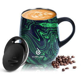 Кружка для кави та чаю Ideus 470 мл з подвійними стінками, нержавіюча сталь, з нековзним ручним тримачем та кришкою-модулем, великий об'єм (Трав'яний зелений)