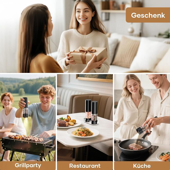 Електричні солі та перечні млини 2 шт. (чорні) з регулюванням помелу, LED-підсвічуванням та великим резервуаром 100 мл