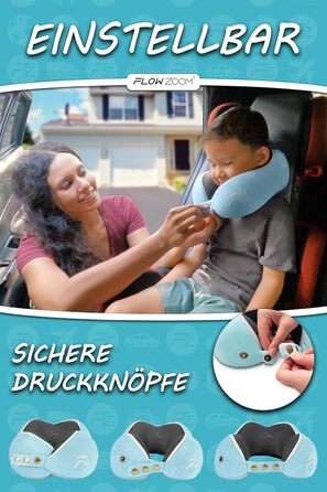 Подушка для шиї FlowZoom Comfy - для автомобіля та літака, з Memory Foam, регульована, 360° підтримка, дихаючий чохол, чорна (також є блакитна модель Comfy Kids S)