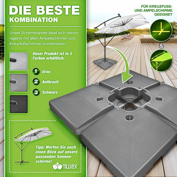 Сонцезахисний стійка Tillvex® на 90 літрів / 120 кг - 4 частини для парасольки, з металевим з'єднувачем. Можна заповнювати водою або піском. Стійка для парасольки Ampelschirmständer, вологостійка (Антрацит)