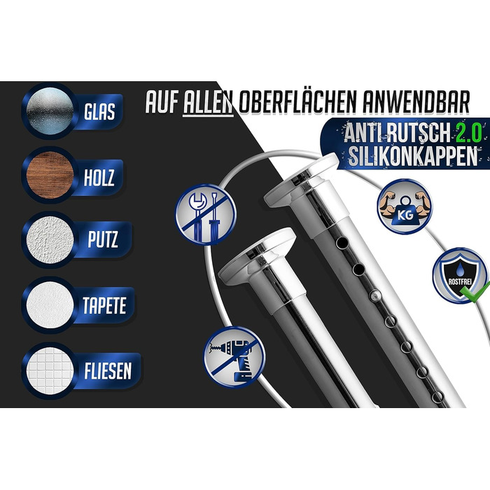 Штанга для душу без свердління 160-210 см, Ø 32 мм, штанга для завіс з кріпленнями - клямки, для ванної кімнати, кухні та міжкімнатних перегородок (210-260 см, нержавіюча сталь срібна)