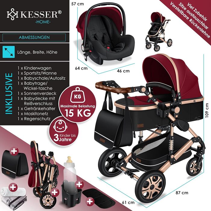 KESSER® Loops - Коляска 3в1 Комбінована з люлькою, прогулянковим блоком та автокріслом. Повний комплект з ванною для новонароджених, сумкою для пеленання, дощовиком та столиком. Чорний колір. Відповідає стандарту ECE R129.