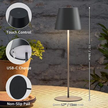 MALUX 2 шт. LED настільна лампа бездротова з сенсором, для дому та вулиці, перезаряджувана, з таймером, 3 режими температури, регулювання яскравості, чорний колір