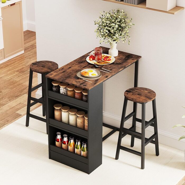 Барний стіл COSTWAY з барними стільцями (набір для 2 осіб), з 3 полицями, кухонний стіл у стилі ретро, колір - коричневий