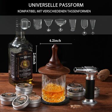 Набір для копчення віскі з факелом, 6 смаків, тріски, 2 склянки, 6 контейнерів для віскі, набір для коктейлів, набір для копчення напоїв, подарунок на день народження для Бурбон-віскі для чоловіків (без бутану)